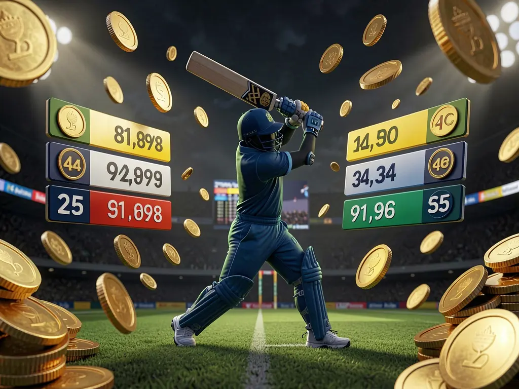 GO 444 live cricket odds visual featuring a cricket player silhouette batting under stadium lights with floating odds graphics and golden coins on a premium dark sports background