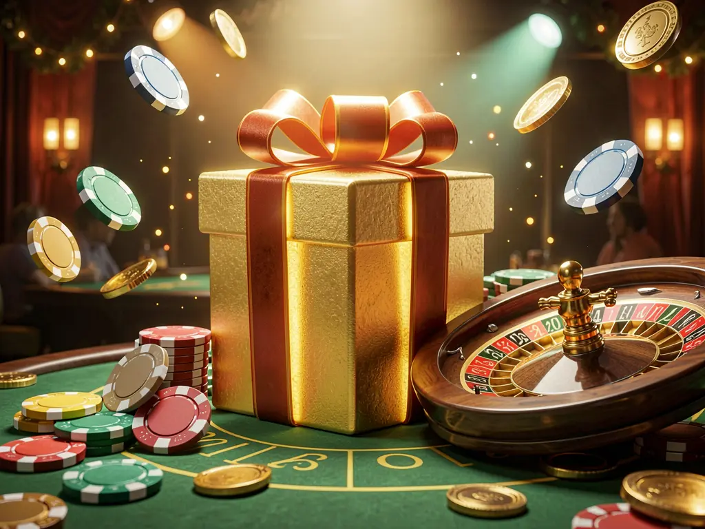 GO 444 welcome bonus visual featuring a glowing gift box, roulette wheel, poker chips, and flying coins in a festive casino atmosphere with cinematic lighting and high detail