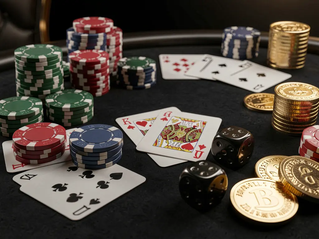 Close-up of an elegant casino table featuring poker chips, playing cards, dice, and gold coins with soft cinematic lighting on a luxury black background, showcasing the GO 444 brand ambiance