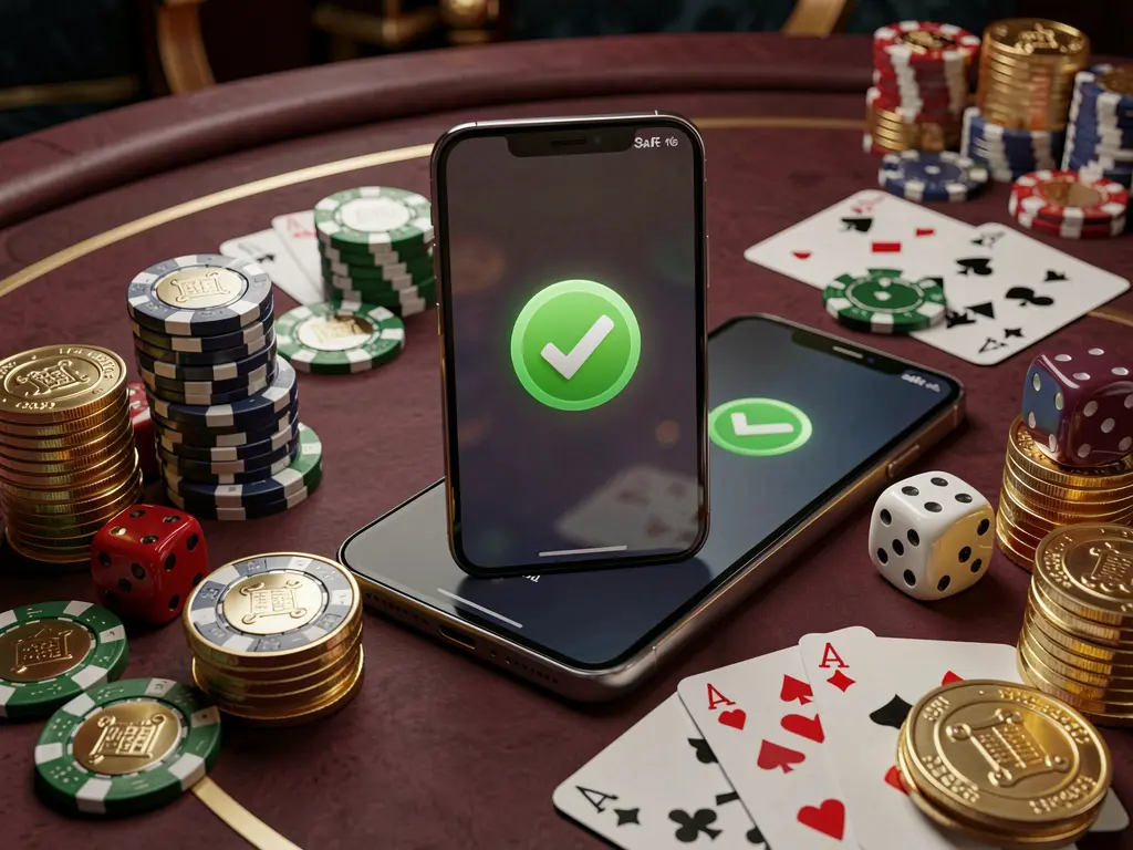GO 444 safe casino login concept showing a smartphone with verification checkmark icon surrounded by chips, cards, dice, and golden coins on an elegant luxury casino table in a 3D realistic render