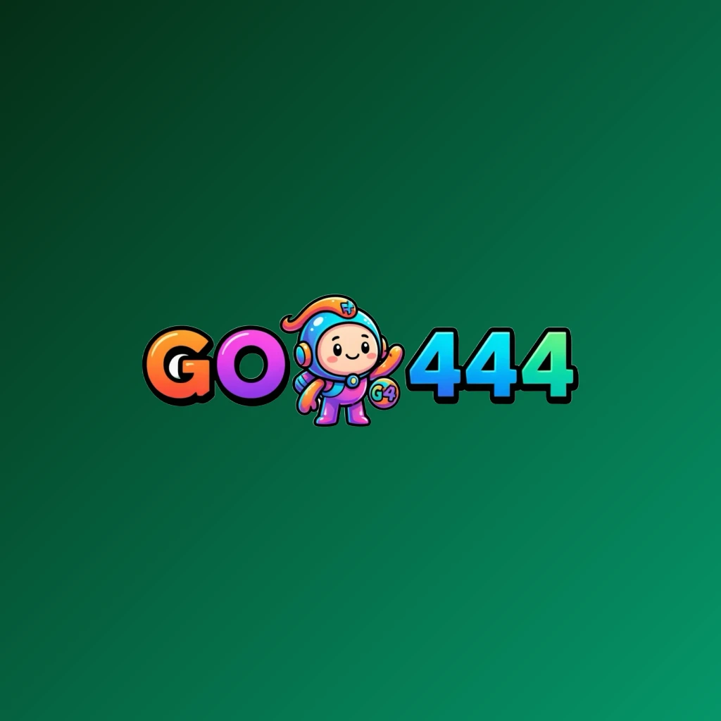 Mascot-style logo for GO 444 featuring a friendly character icon with bold, colorful gaming brand lettering on a transparent background, designed as a wide horizontal rectangular wordmark for a website header